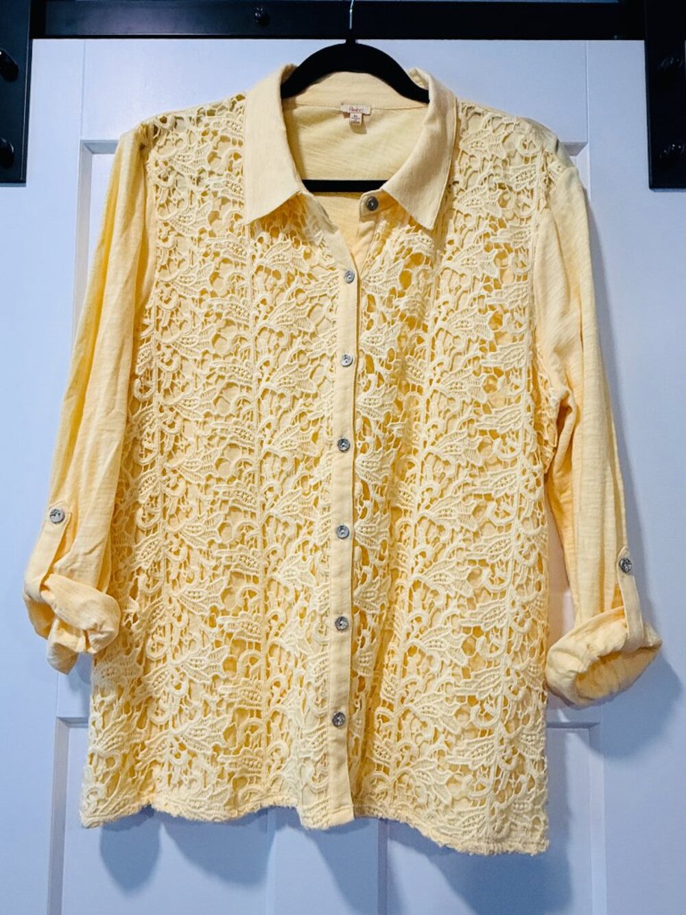 Reba Yellow Knit Long-Sleeve Blouse w/ Lace Overlay Ladies Size XL